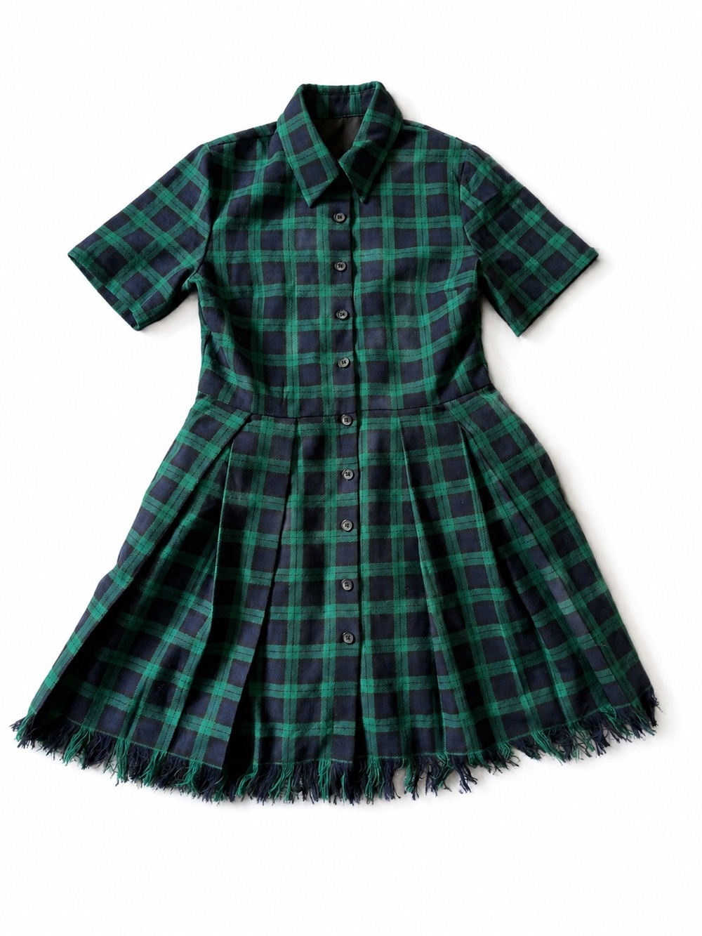 Christian Dior Green & Blue Plaid Tartan Fringe Wool/ Silk Dress